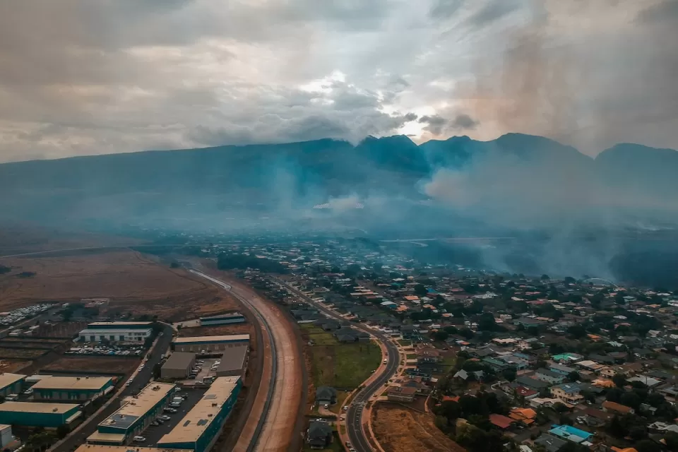 Aerial view of smoke from fires in Lahaina area of Maui, Hawaii.